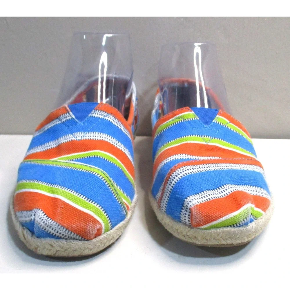 TOMS Womens 7.5 Alpargata Striped Canvas Slip On Shoes Blue Orange Espadrille